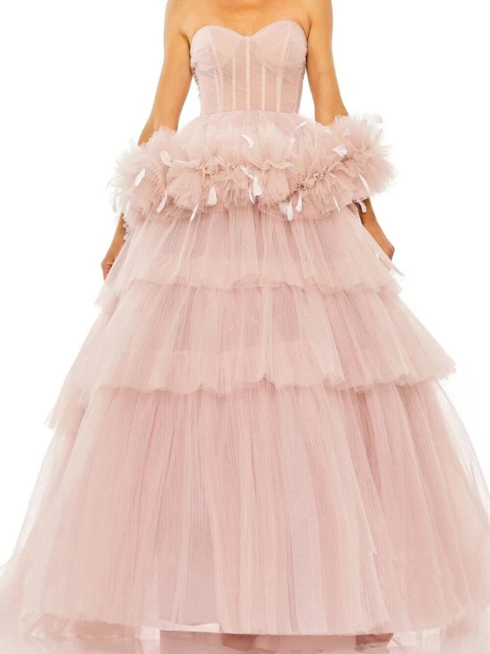 Mac Duggal Rose Pink Strapless Tiered Ruffle Feather Ballgown